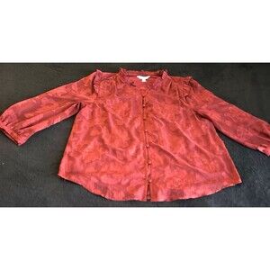 Women L  Rust/red High Neckline ruffle detail Buttonfront 3/4 Sleeve top